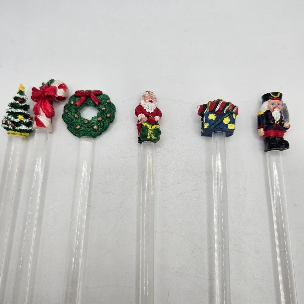Vintage Christmas‎ Swizzle Stir Sticks Lot of 6 Santa Nutcracker Wreath